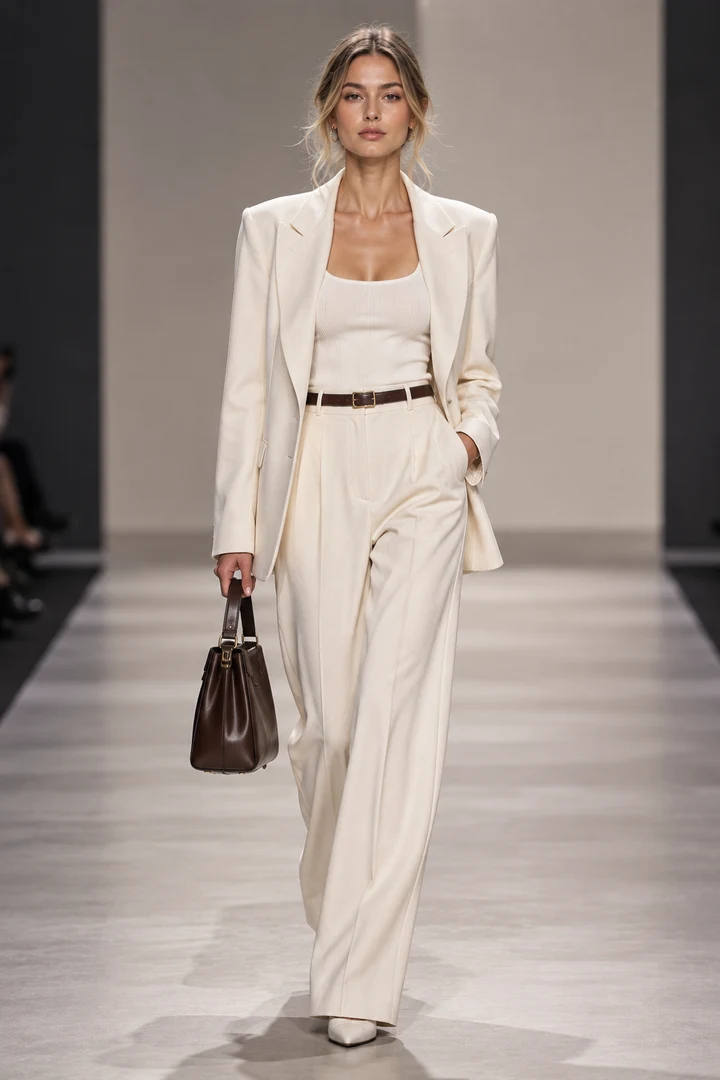 Reference look in a cream-coloured suit